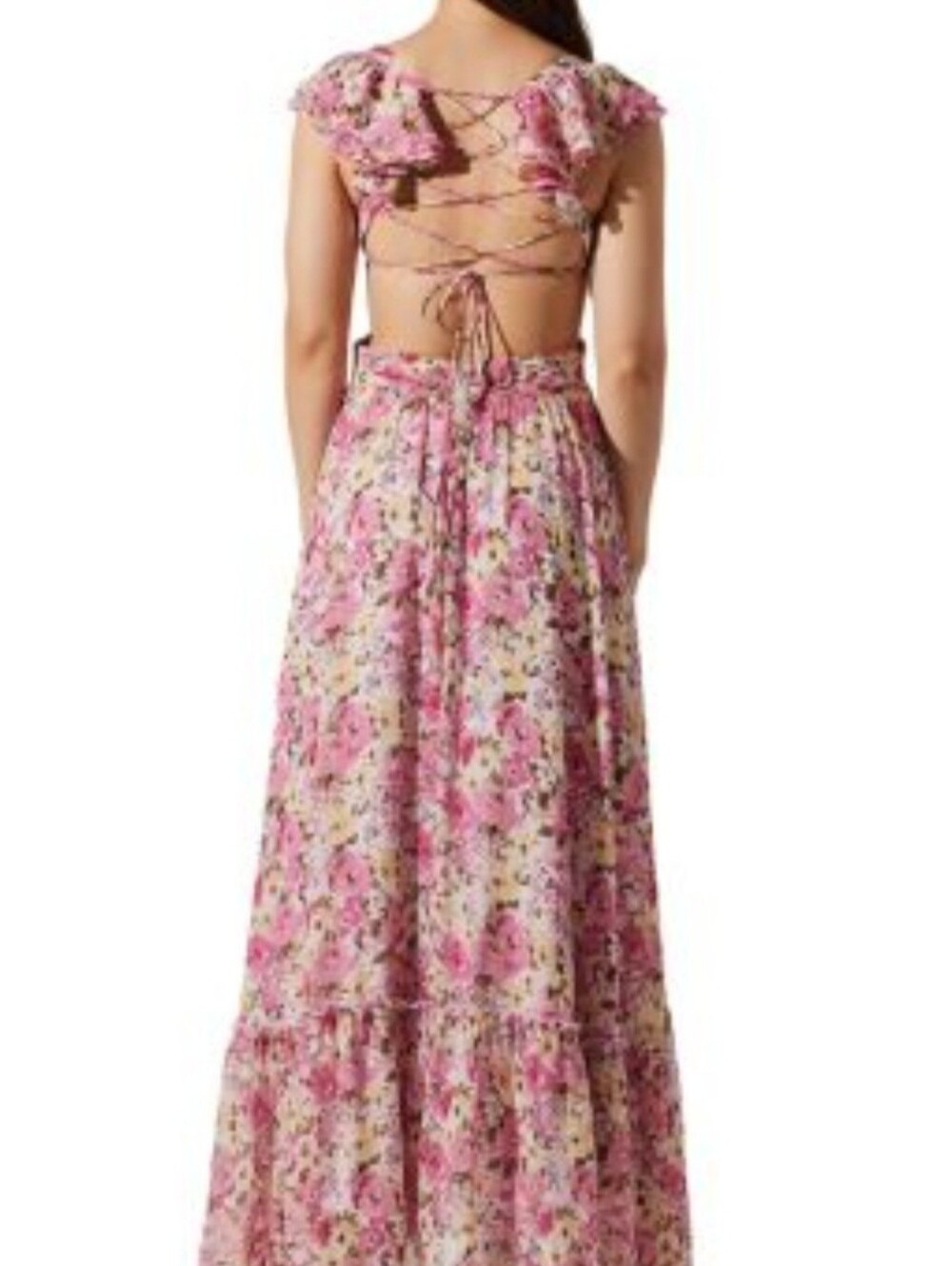 Astr Pink Floral Maxi Dress with Tie-Shoulder and Cutout Waist - Picture 2 of 4
